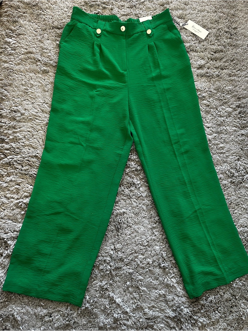 Wide-Leg High-Rise Pants in Emerald Green with Gold Buttons